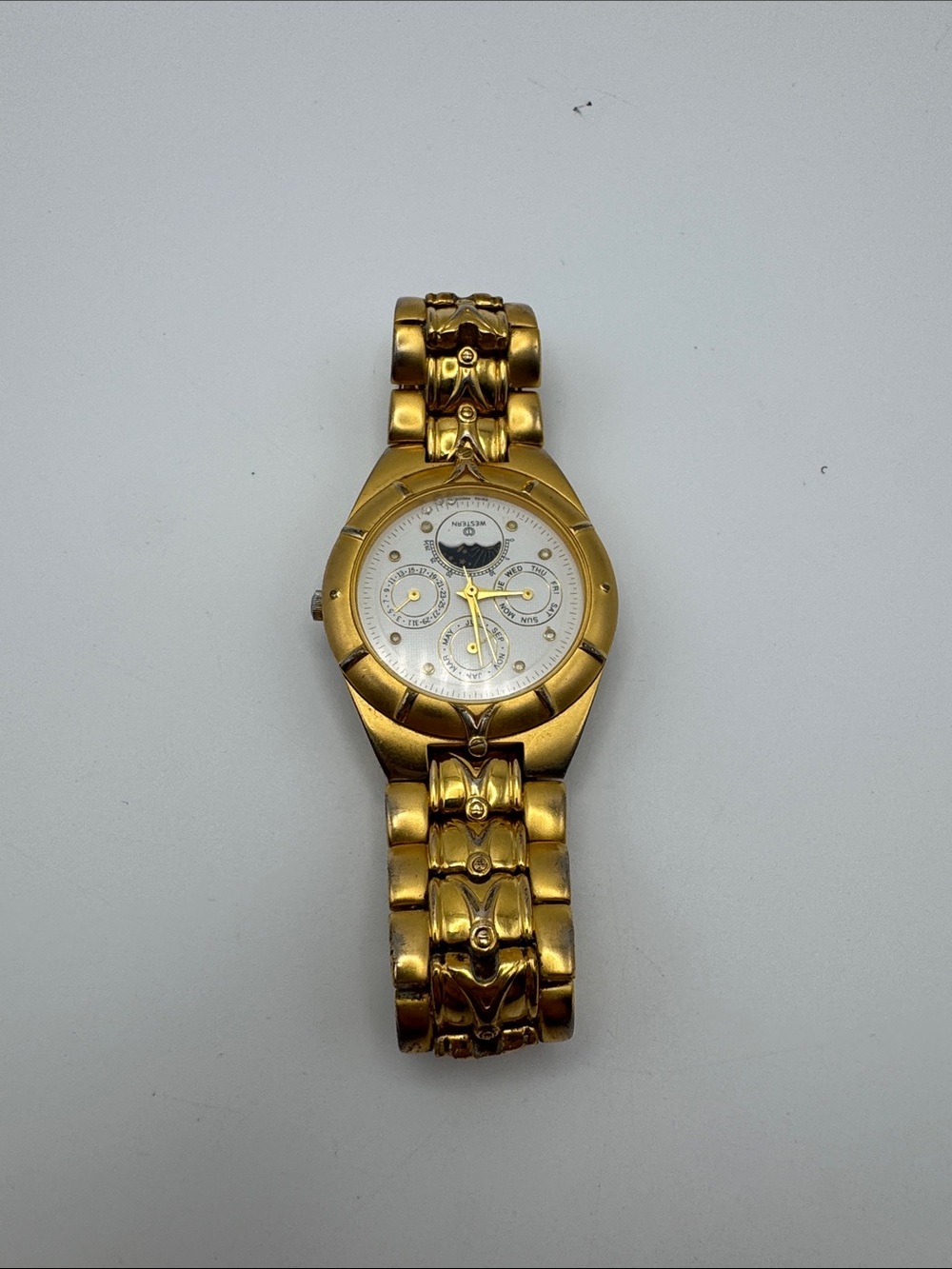 Western Moon Phase 18K Gold Plated Watch Swiss Made 3ATM